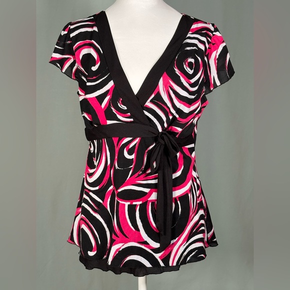 American Vintage Tops - Vintage Maurices XL Y2K Babydoll Tie Waist Whimsigoth Artsy Black Hot Pink White